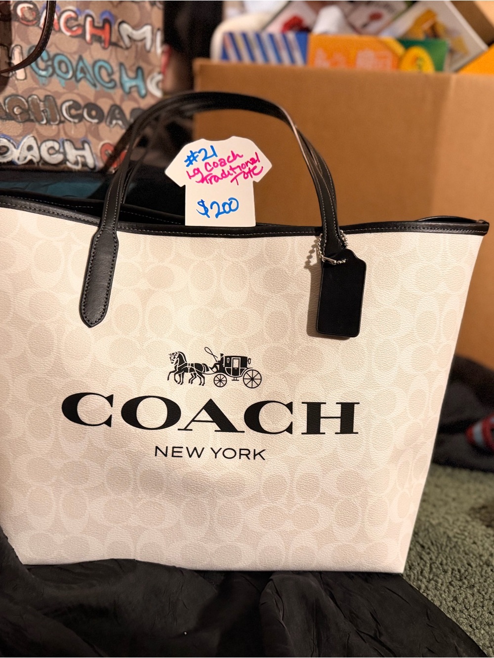 Coach White and Black Logo Tote Bag